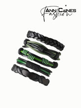 Load image into Gallery viewer, Men’s Green/Black 5 Stacked Vegan Leather Bracelet
