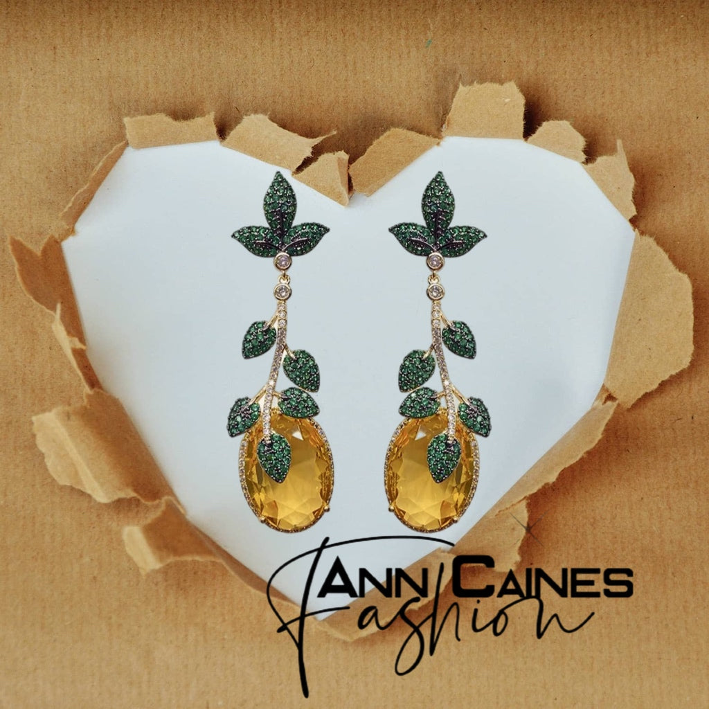 Green Leaf and Stone Earrings | Nature-Inspired Jewelry